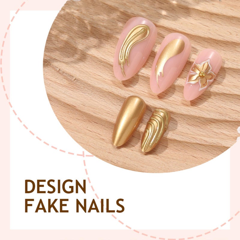 SINHOT Press on Nails - Medium Almond Fake Nails, Glossy Finish, Gold Chrome & Gold Flower, DIY Artificial False Nail Art - 24 Pcs Nail Kit with Glue - Image 3